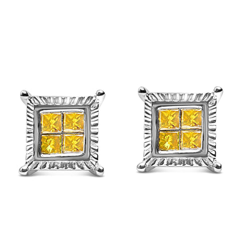 Pendientes de tuerca de plata esterlina .925 de 1/2 Cttw de diamantes amarillos en corte princesa