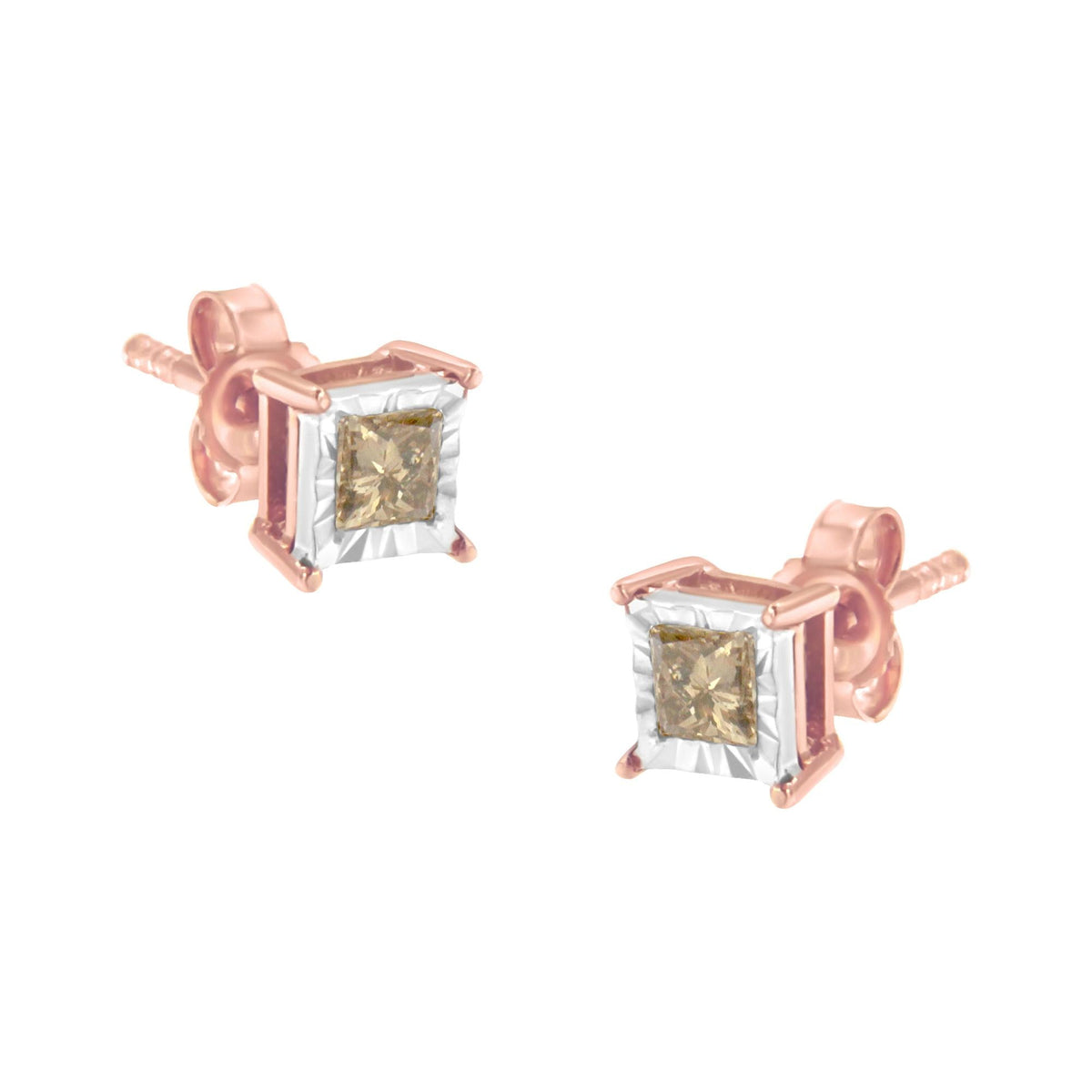 14K Rose Gold Plated Two-Tone .925 Sterling Silver 1/2 Cttw Princess-Cut Square Diamond Solitaire Miracle-Plate Stud Earrings