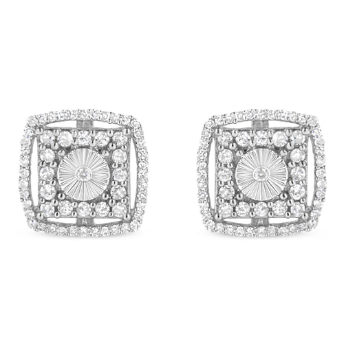 .925 Sterling Silver 1.0 Cttw Round Diamond Double Halo and Disc Stud Earring (I-J Color, I2-I3 Clarity)