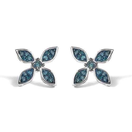 Pendientes florales de plata de ley .925 con diamantes azules de 1/3 Cttw