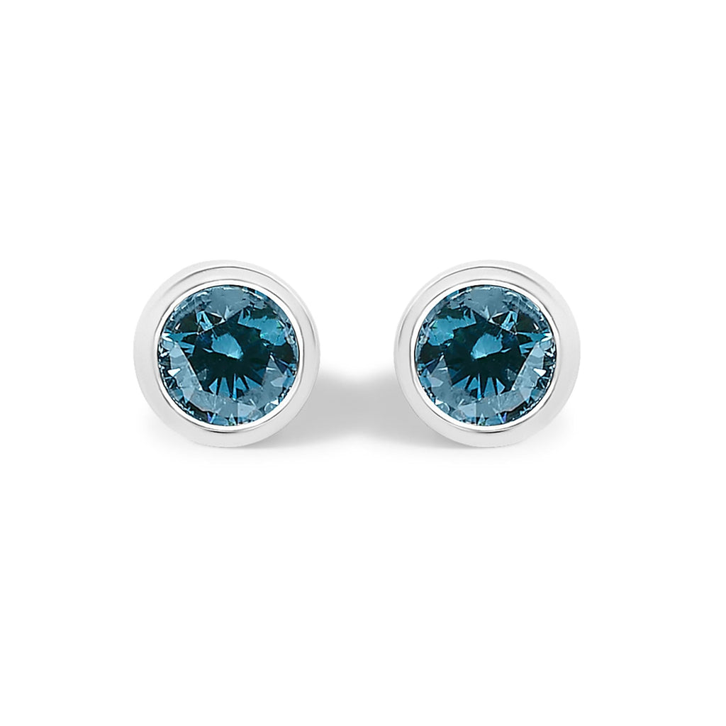 14K Gold Bezel Set Lab Grown Blue Diamond Solitaire Stud Earrings
