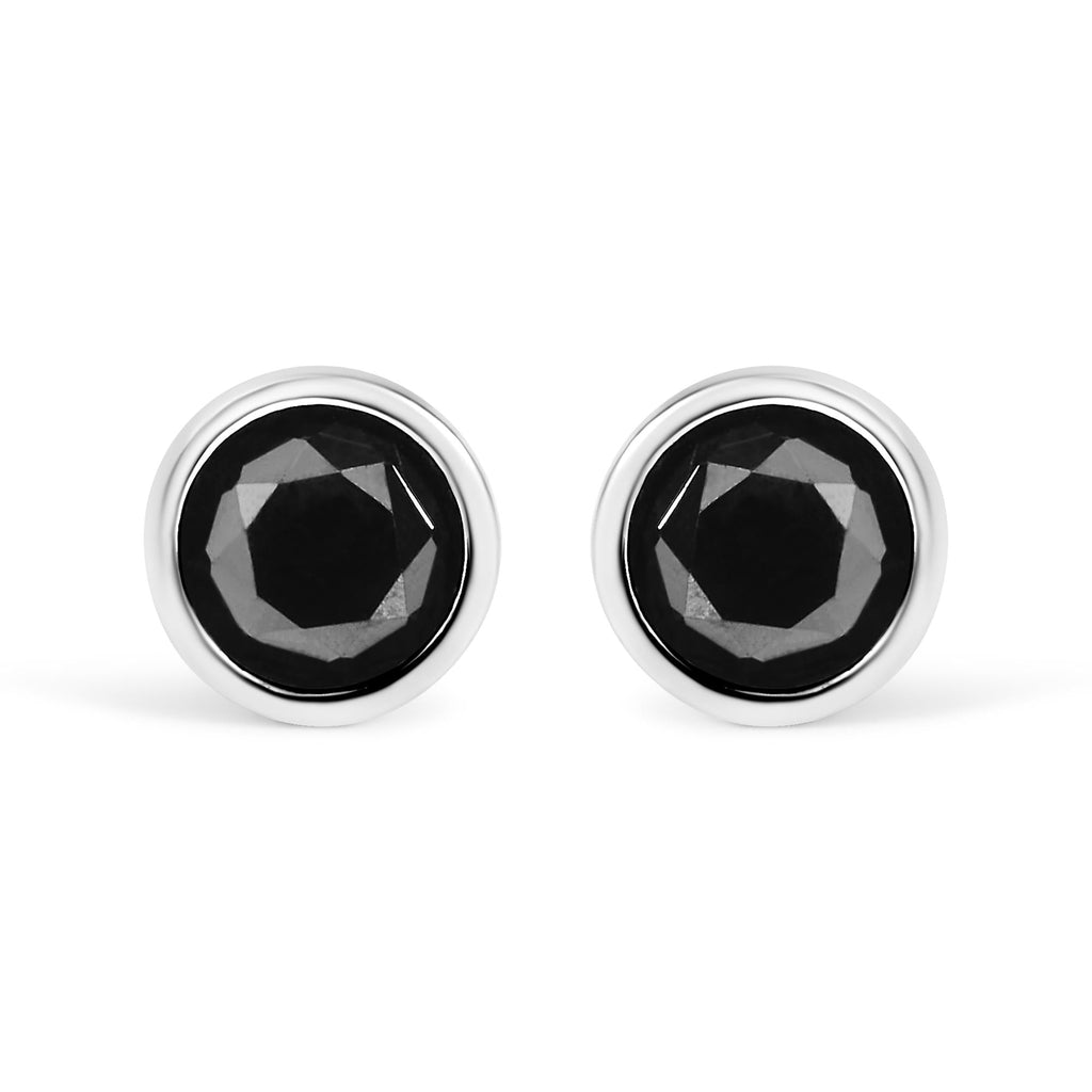 14K White Gold Round Brilliant-Cut Black Diamond Bezel-Set Stud Earrings with Screw Backs (Fancy Color-Enhanced, I2-I3