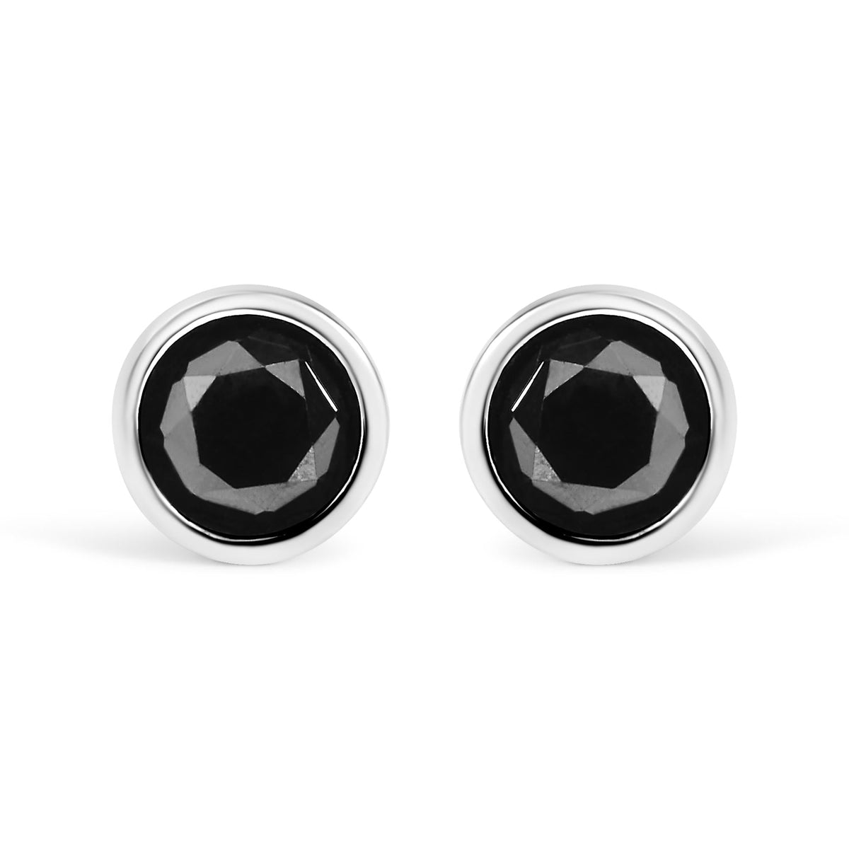 14K White Gold Round Brilliant-Cut Black Diamond Bezel-Set Stud Earrings with Screw Backs (Fancy Color-Enhanced, I2-I3