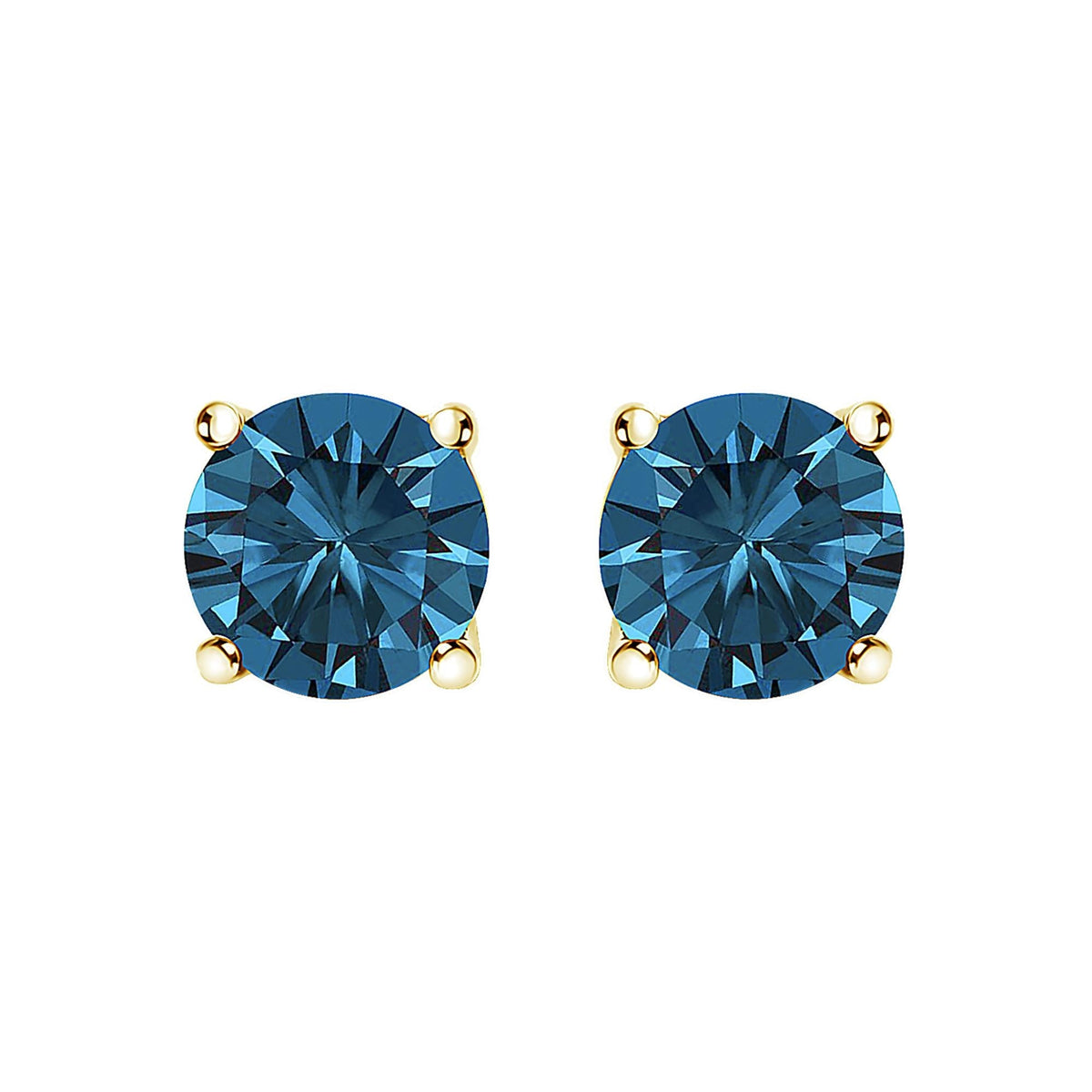 14K Gold Round Brilliant Cut Lab Grown Blue Diamond 4-Prong Classic Solitaire Stud Earrings with Pushbacks