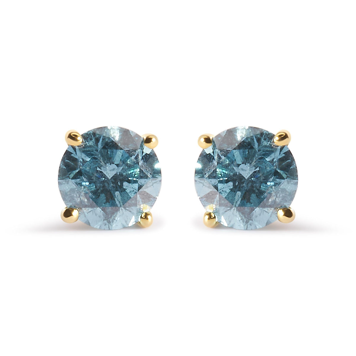 14K Yellow Gold 1.0 Cttw Treated Aqua Blue Diamond Classic Solitaire Stud Earrings (Aqua Blue Color, I2-I3 Clarity)