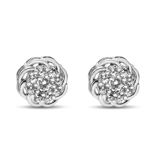 Pendientes de Plata de Ley .925 con Racimo de Diamantes Redondos de 1/2 Cttw con Halo Floral Calado (Claridad I1-I2, Color I-J)
