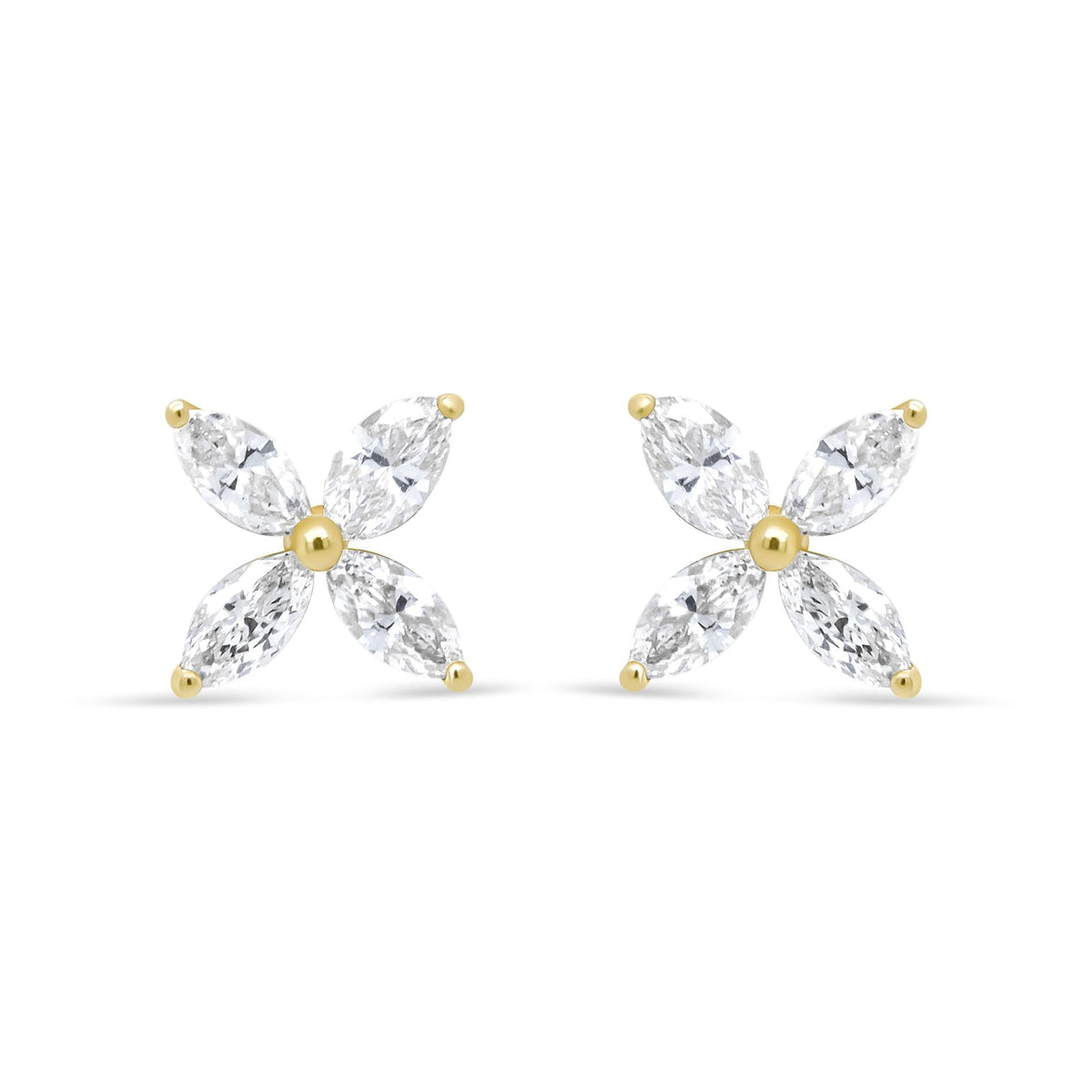 14K Gold Marquise Diamond 8 Stone Floral Leaf Stud Earrings (I-J Color, SI2-I1 Clarity)