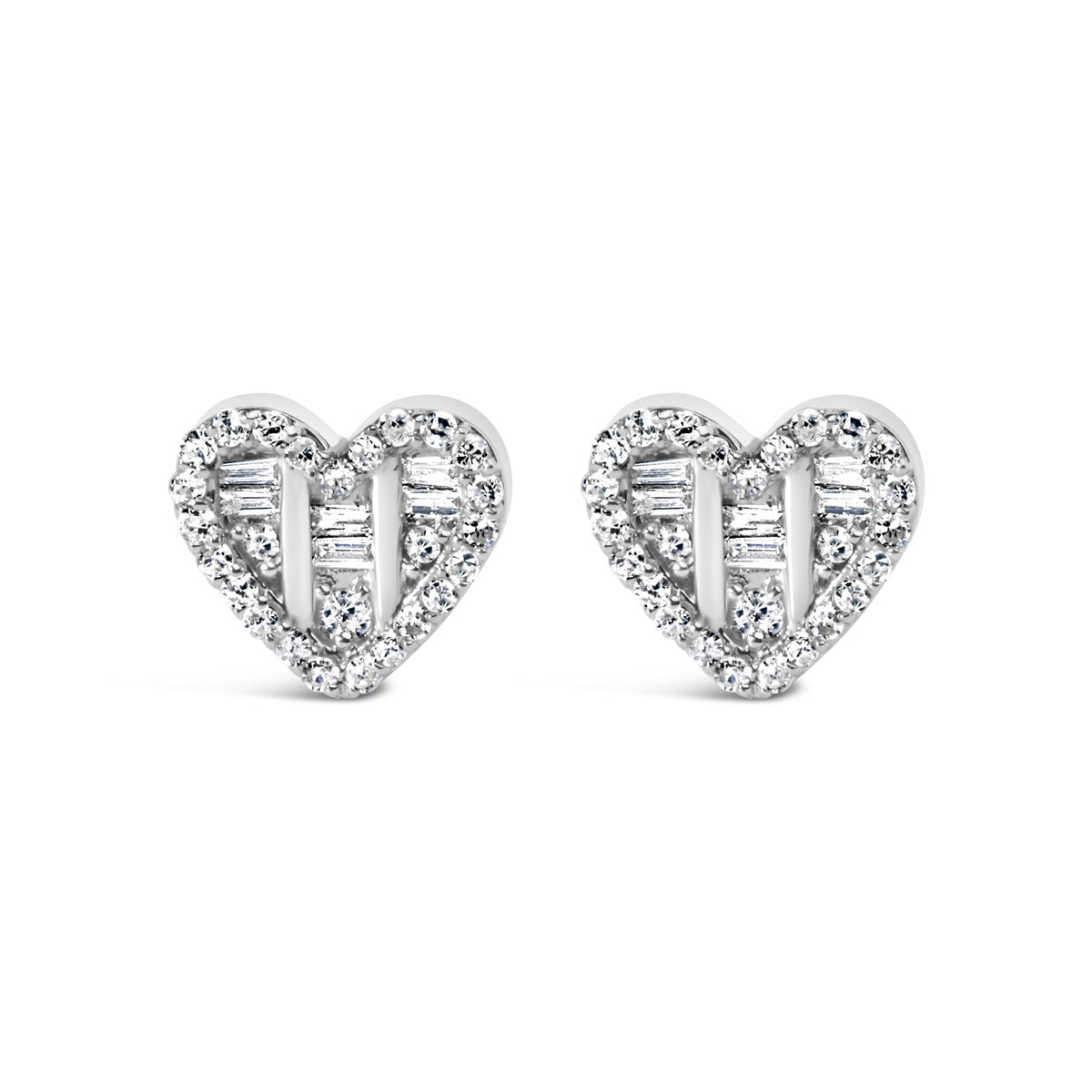 .925 Sterling Silver 1/2 Cttw Round and Baguette Diamond Composite Heart Shaped Stud Earring (I-J Color, SI2-I1 Clarity)