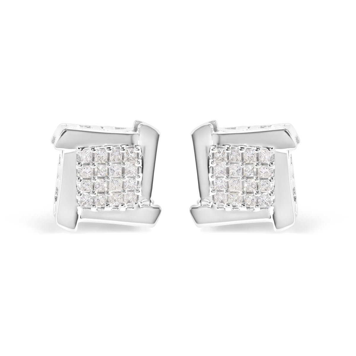 10K White Gold 1/2 Cttw Composite Princess Diamond Square and Swirl Stud Earrings (I-J Color, I1-I2 Clarity)