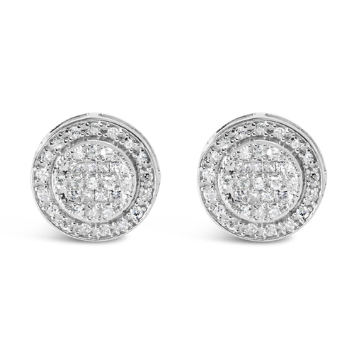 Pendientes de botón con diamantes compuestos y halo de 3/4 Cttw en plata de ley .925 (color H-I, claridad SI1-SI2)