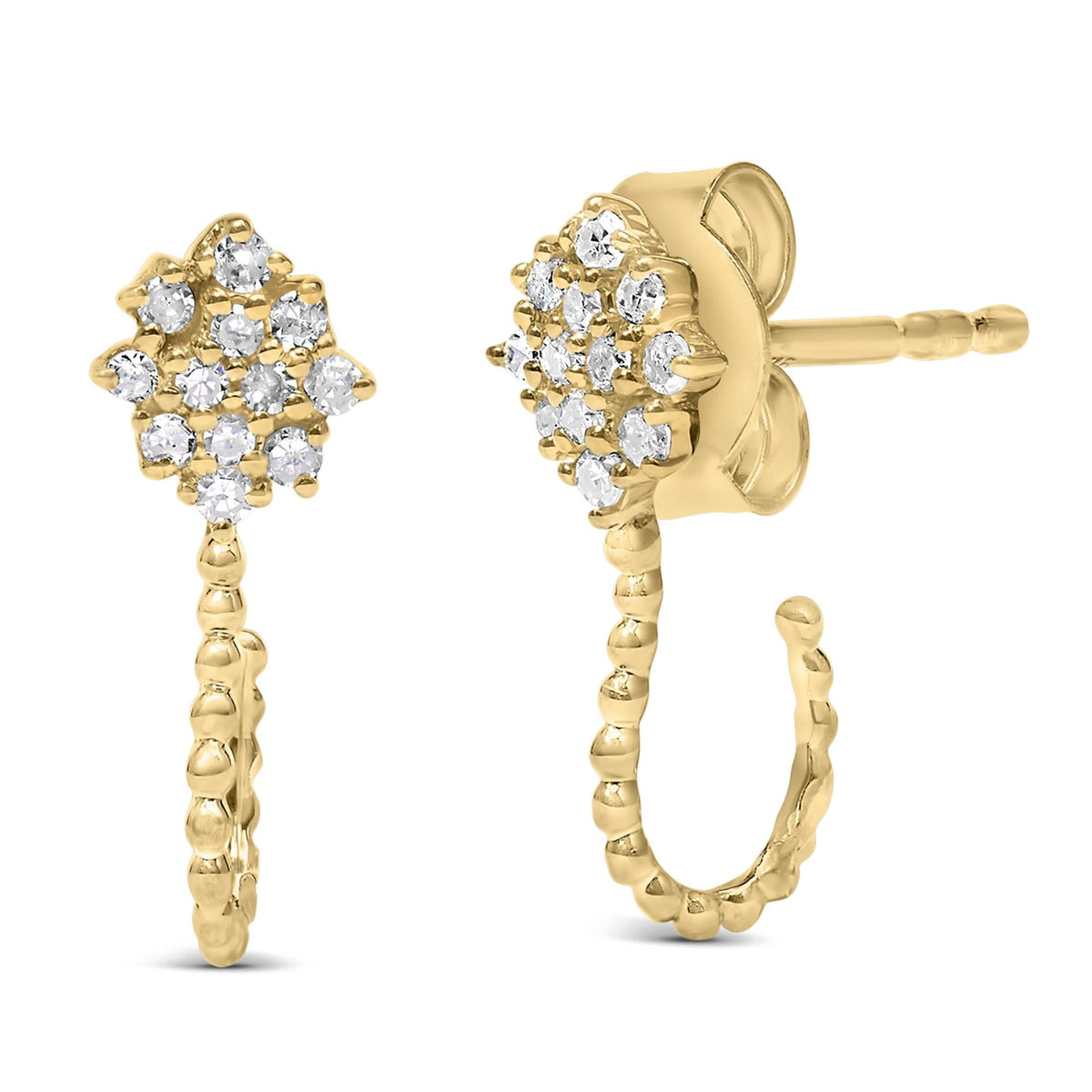 14K Yellow Gold Plated .925 Sterling Silver 1/10 Cttw Diamond Floral Cluster and Beaded Hoop Stud Earrings (H-I Color, I1-I2