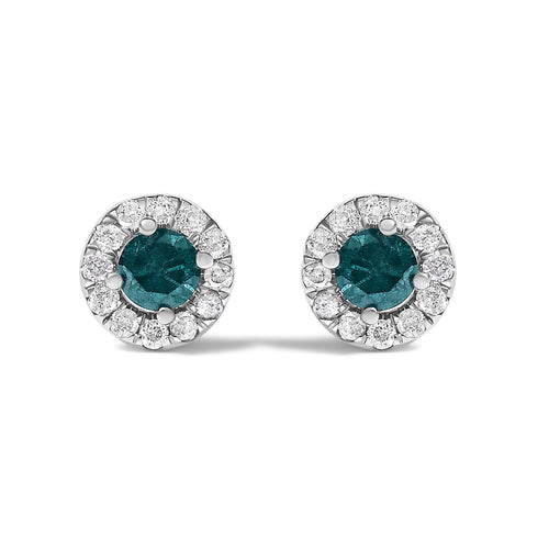 .925 Sterling Silver 1/2 Cttw Blue Diamond Halo Stud Earring