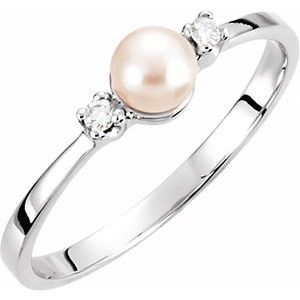 14K White Gold Cultured White Akoya Pearl & .04 CTW Natural Diamond Ring