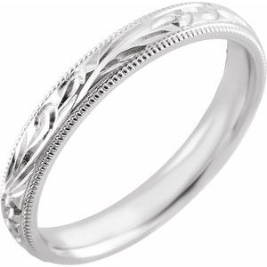 Platinum 3 mm Hand-Engraved Milgrain Sculptural Comfort-Fit Half-Round Band Size 5