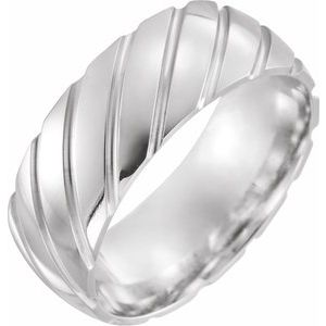 14K White Gold 8 mm Diagonal Grooved Comfort-Fit Half Round Band Size 10