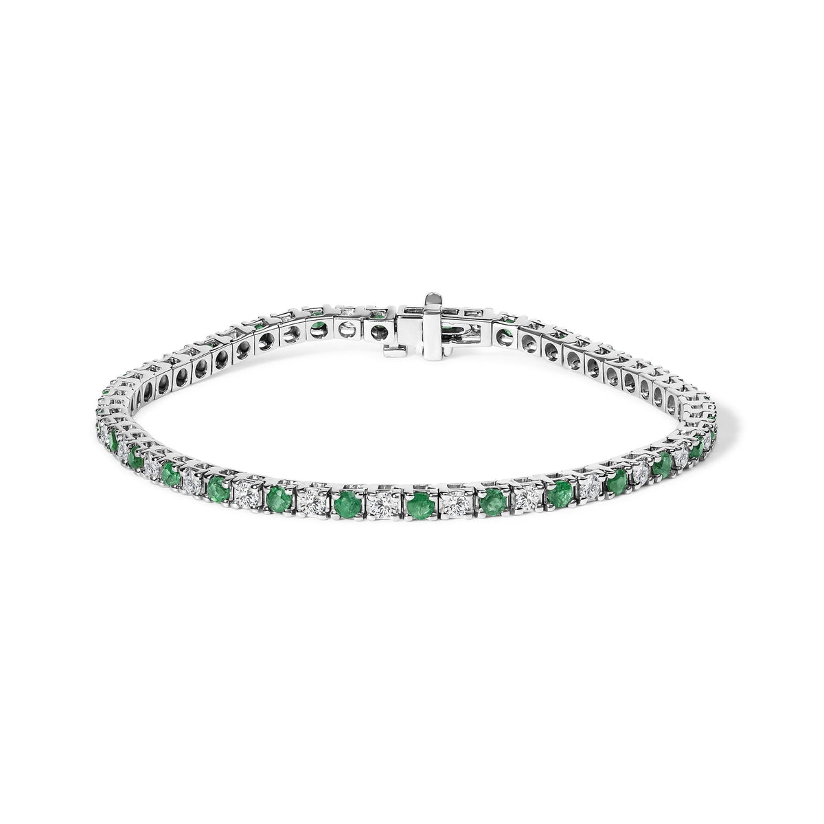14K White Gold Alternating 1 1/2 Cttw Diamond and Emerald Tennis Bracelet