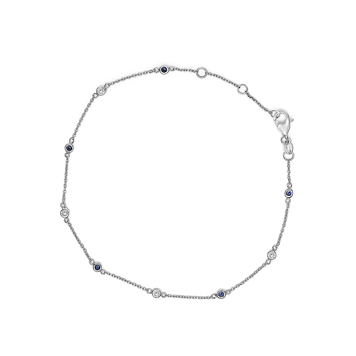 14K White Gold Alternating Blue Sapphire and White Diamond Bezel Station Chain Bracelet (I-J Color, SI2-I1 Clarity) - 8"