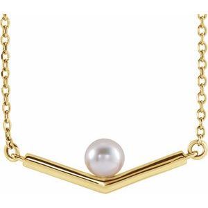 14K Yellow Gold Cultured White Akoya Pearl V 18" Necklace