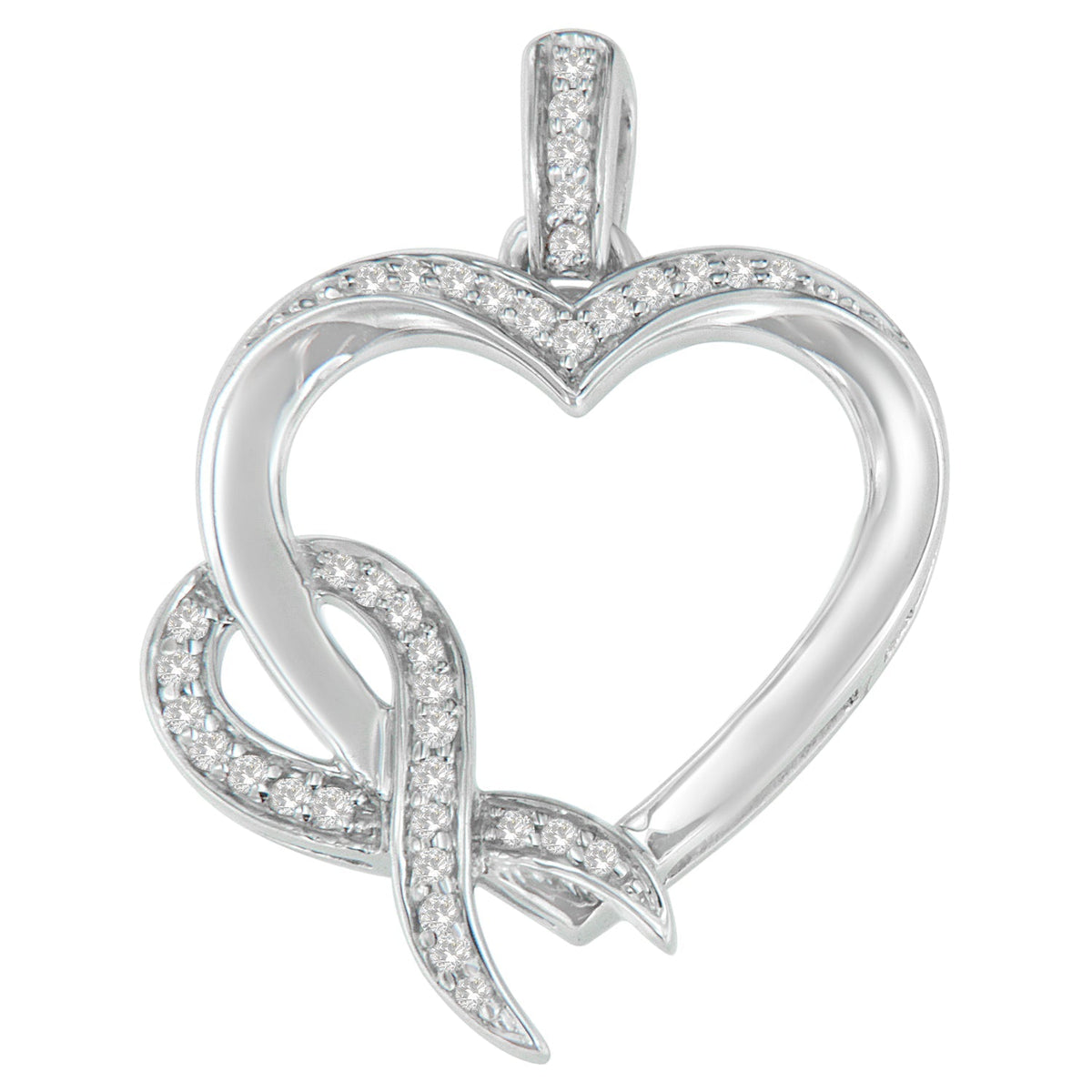 .925 Sterling Silver 1/6 Cttw Ribbon Heart Diamond Pendant Necklace