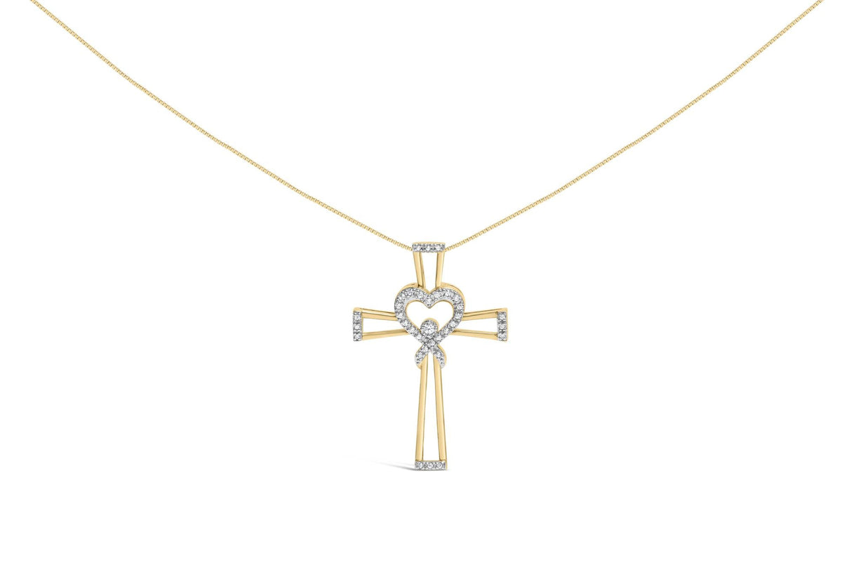 14K Yellow Gold Plated .925 Sterling Silver 1/6 Cttw Diamond Interlocking Heart and Ribbon Cross Pendant Necklace (H-I Color