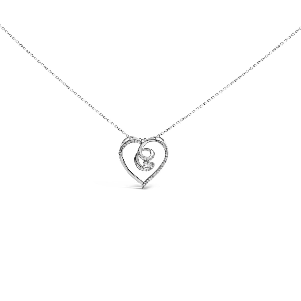 .925 Sterling Silver 1/4 Cttw Brilliant-Cut Diamond Open Heart Twisted Awareness Ribbon 18" Pendant Necklace (H-I Color