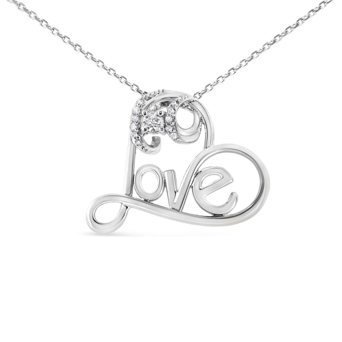 .925 Sterling Silver 1/10 Cttw Round Brilliant-Cut Diamond Accented Open Heart with Love 18" Pendant Necklace (H-I Color