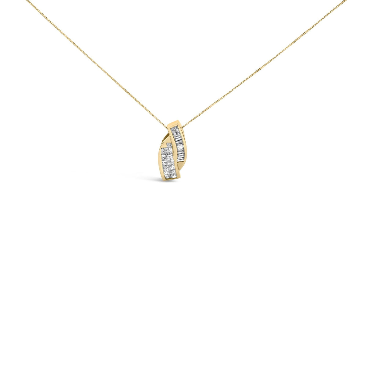 14k Yellow Gold 1 1/3 Cttw Princess and Baguette-cut Diamond Double Curved Pendant Necklace (H-I Color ,VS1-VS2 Clarity) - NO