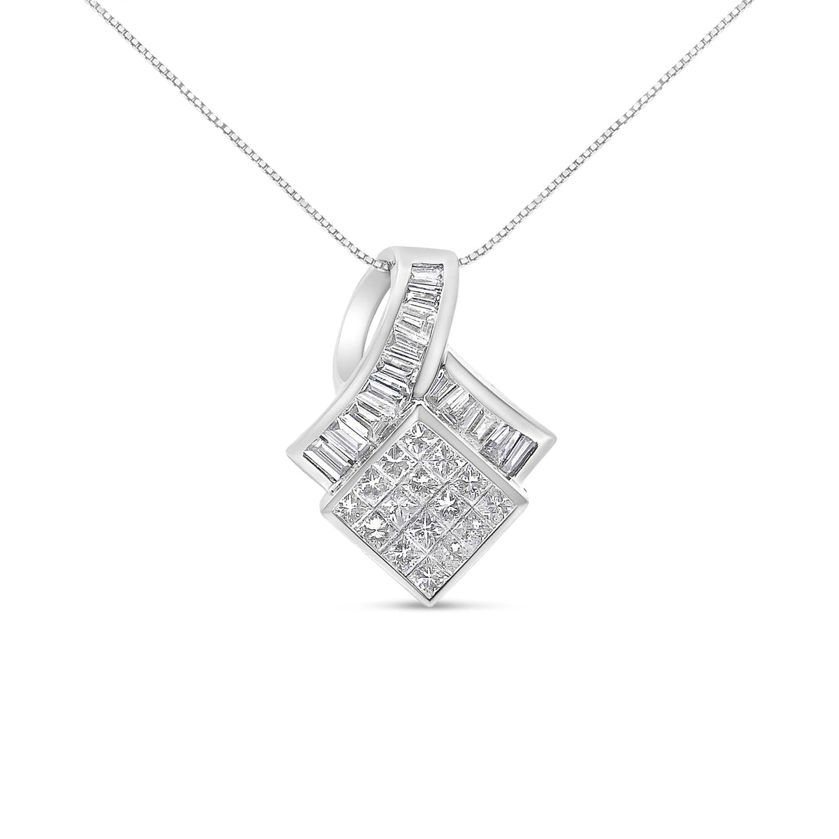 14k White Gold 2 1/10 Cttw Princess and Baguette Geometric Designed Diamond Pendant Necklace (G-H Color, VS1-VS2 Clarity)