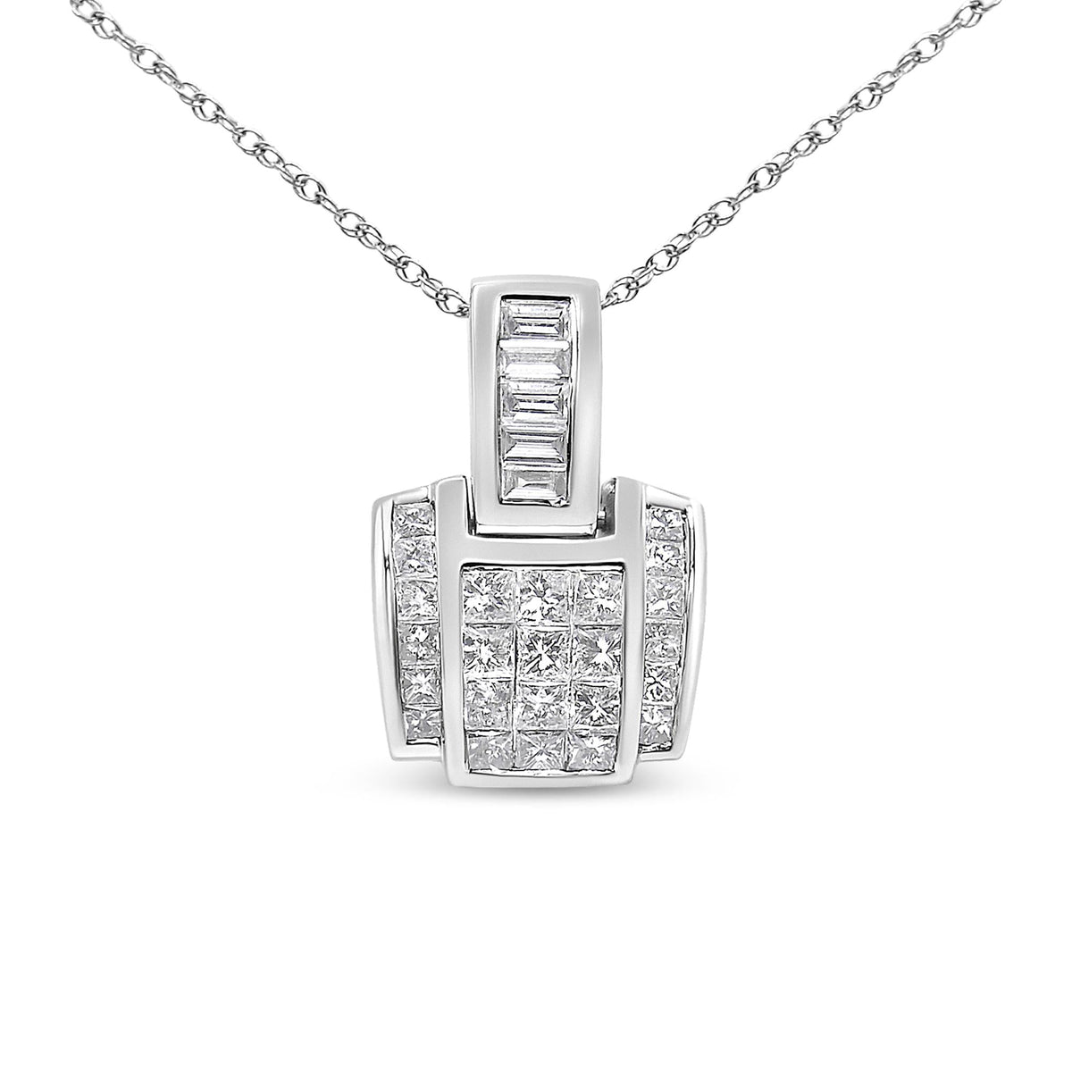 14K White Gold 2 1/5 Cttw Princess Cut Composite Diamond Pendant with Diamond Bale Pendant Necklace (H-I Color,SI1-SI2