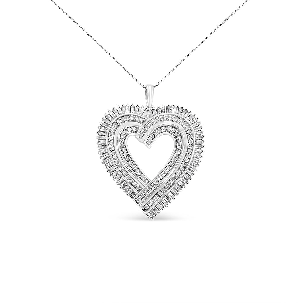 .925 Sterling Silver 1 1/4 Cttw Round and Baguette-Cut Diamond Composite Heart 18" Pendant Necklace (I-J Color, I1-I2