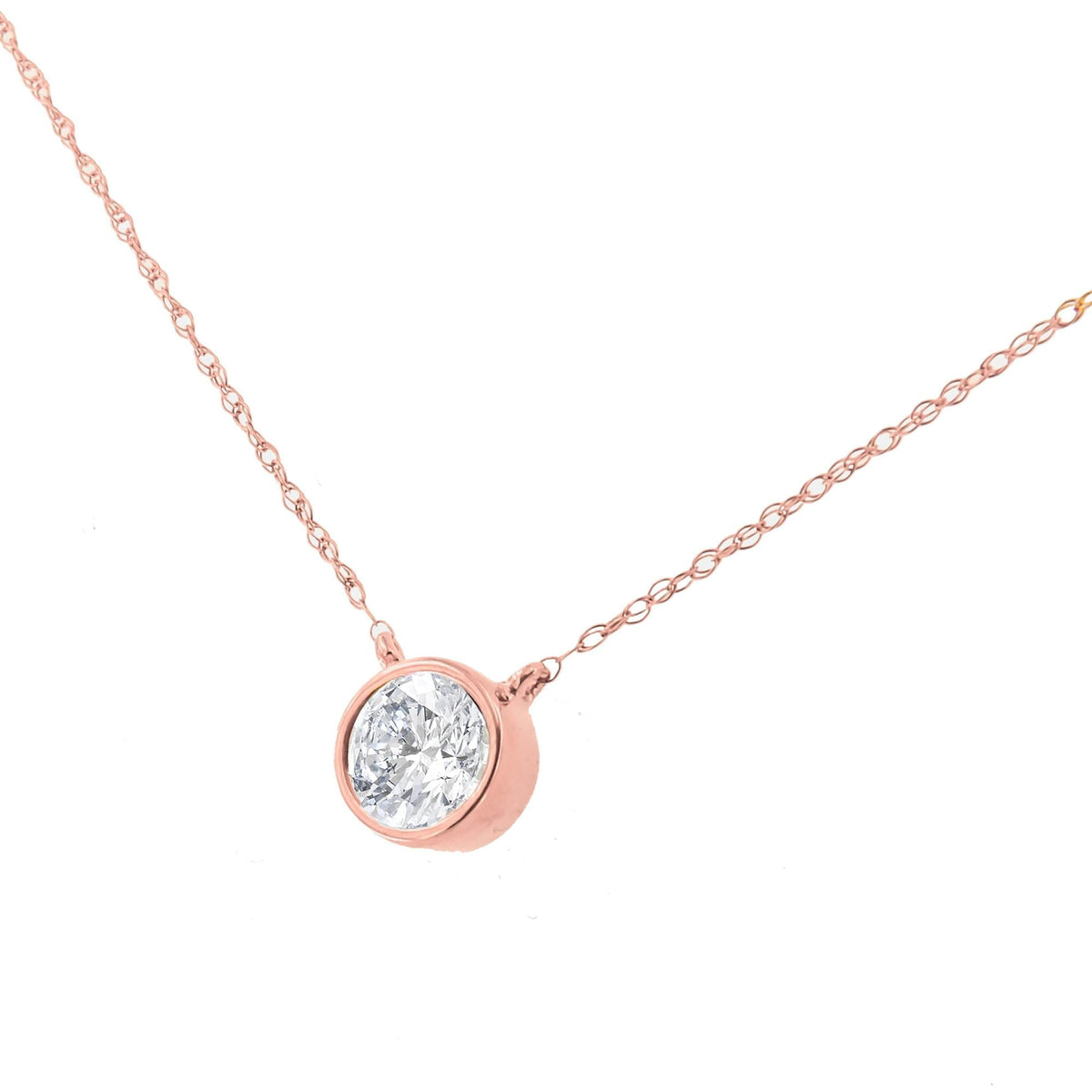 AGS Certified 10K Rose Gold 1/5 Cttw Bezel Set Round Diamond Solitaire 16-18" Adjustable Pendant Necklace (H-I Color, VS1-VS2