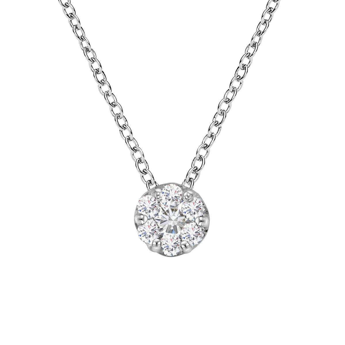 14K White Gold 1/4 Cttw Shared Prong Set Round-Ct Diamond 7 Stone Floral Cluster 18" Pendant Necklace (H-I Color, SI2-I1