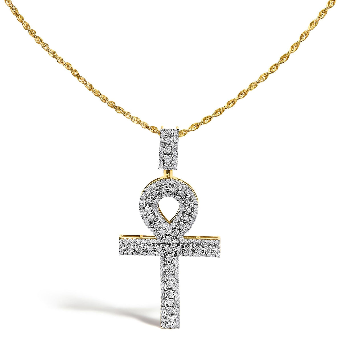 Men's 10K Yellow Gold 1.00 Cttw Diamond Ankh Cross Pendant Necklace
