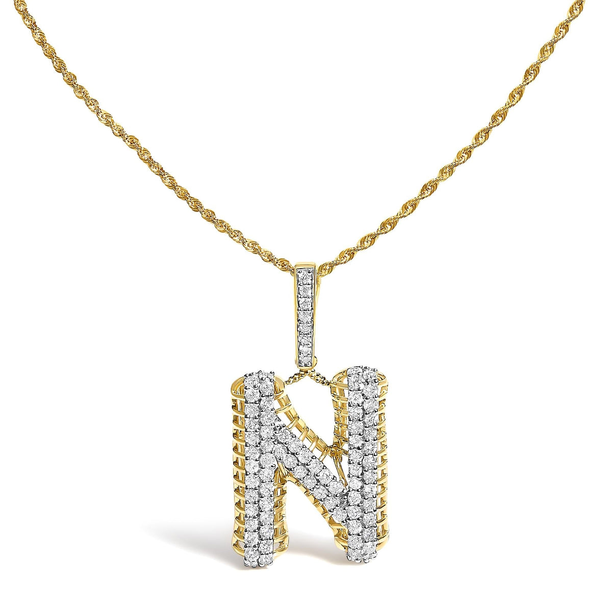 Men's 10K Yellow Gold 1 1/2 Cttw Diamond Letter N Initial Pendant Necklace