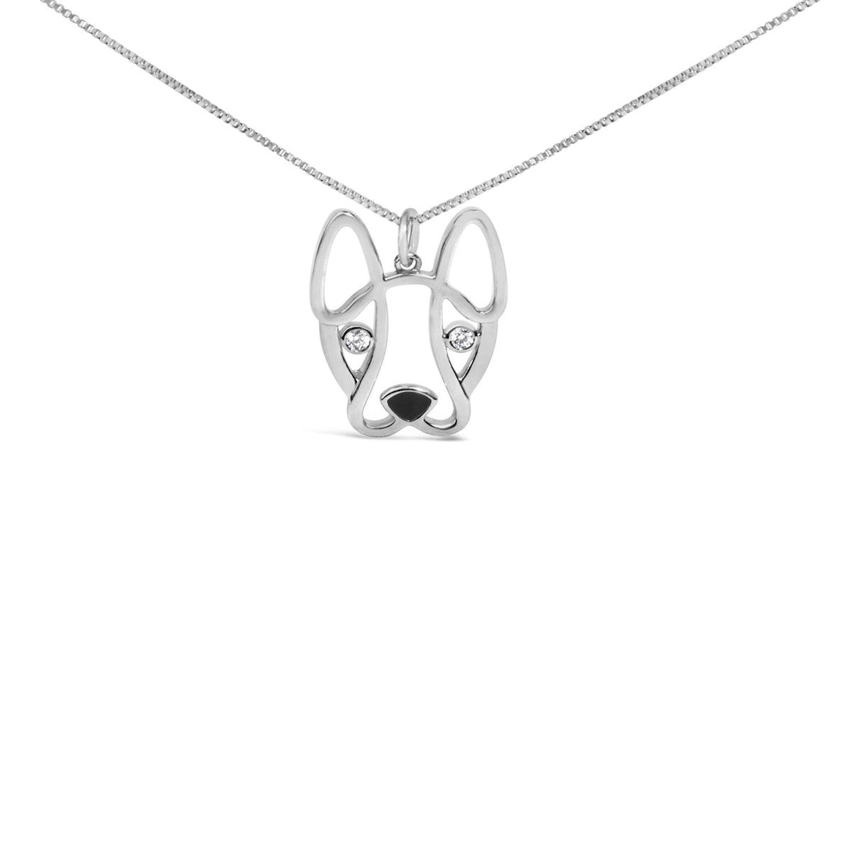 .925 Sterling Silver Diamond Accent and Black Enamel French Bullldog 18" Inch Pendant Necklace inch (I-J Color, I2-I3