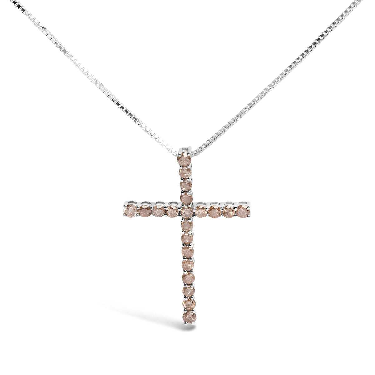 .925 Sterling Silver 1.0 Cttw Champagne Diamond Gold Cross Pendant Necklace for Women (Champagne Color, I1-I2 Clarity)- 18