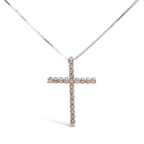 .925 Sterling Silver 1.0 Cttw Champagne Diamond Gold Cross Pendant Necklace for Women (Champagne Color, I1-I2 Clarity)- 18 inch