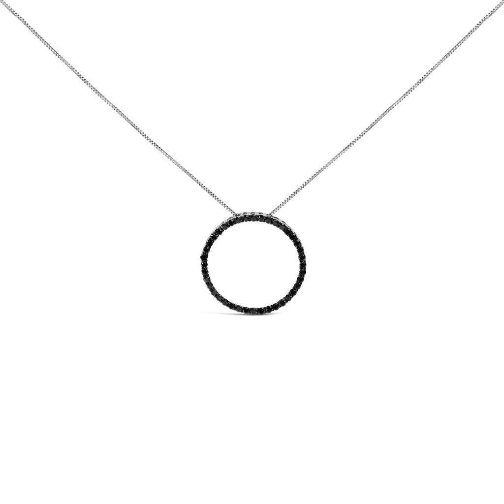 .925 Sterling Silver Black Diamond Open Hoop Circle 18" Pendant Necklace (Black Color, I2-I3 Clarity)