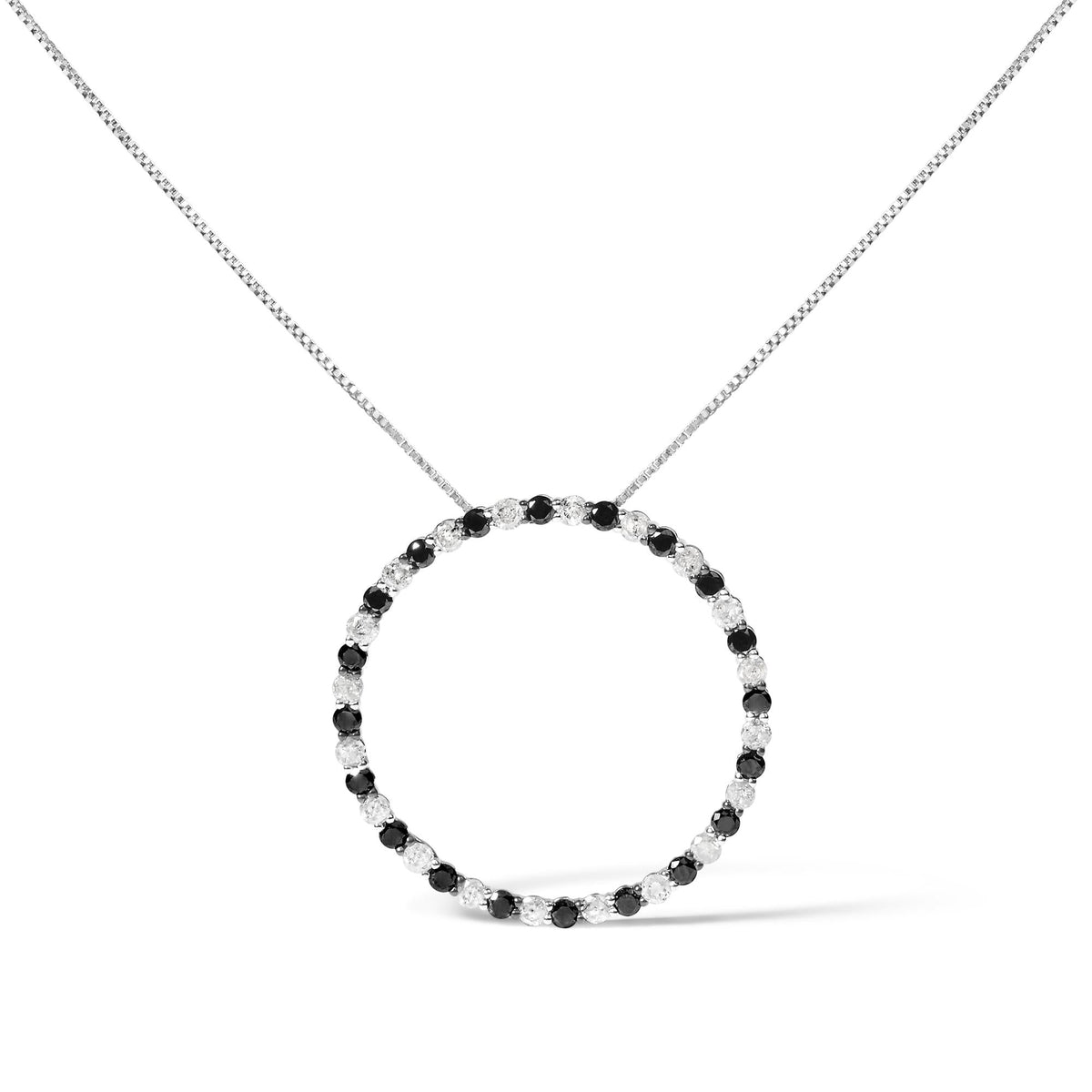 .925 Sterling Silver 2.0 Cttw Alternating Black and White Diamond Open Hoop Circle Pendant Necklace (H-I Color, I2-I3