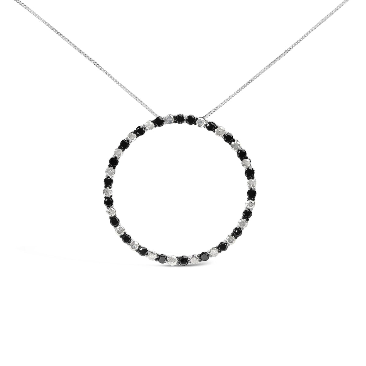 .925 Sterling Silver 3.0 Cttw Alternating Black and White Diamond Open Hoop Circle Pendant Necklace (H-I Color, I3 Clarity)