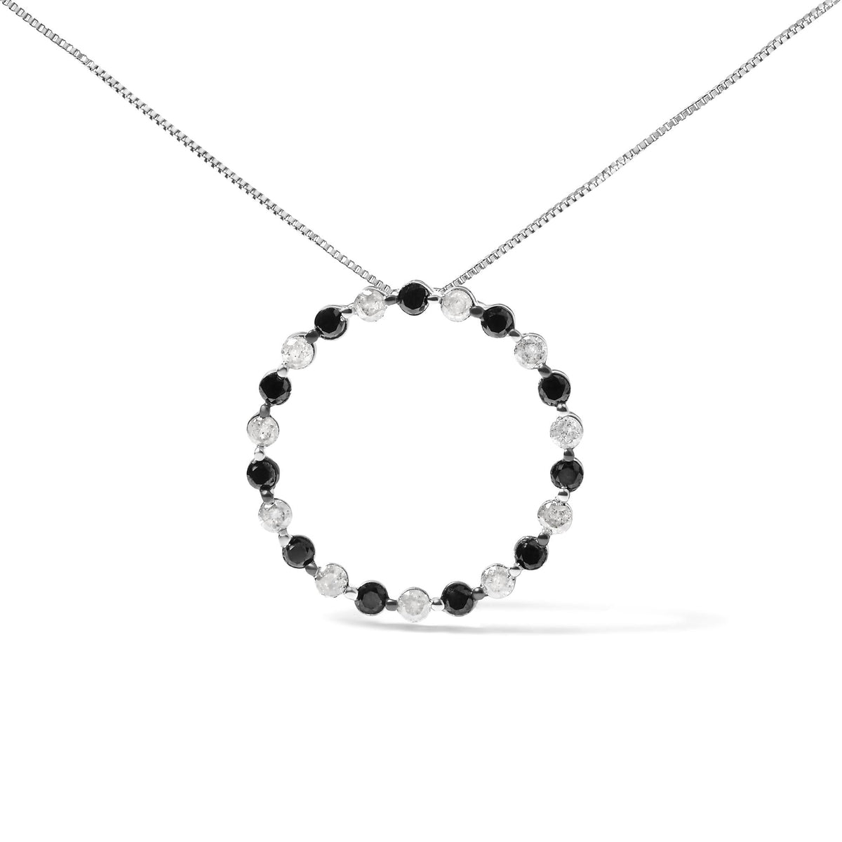 .925 Sterling Silver 1 3/4 Cttw Alternating Black and White Diamond Open Circle Hoop Pendant Necklace (H-I Color, I2-I3