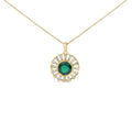 14K Yellow Gold Plated Sterling Silver Lab Grown Emerald and Baguette Diamond Sunburst Medallion Pendant Necklace