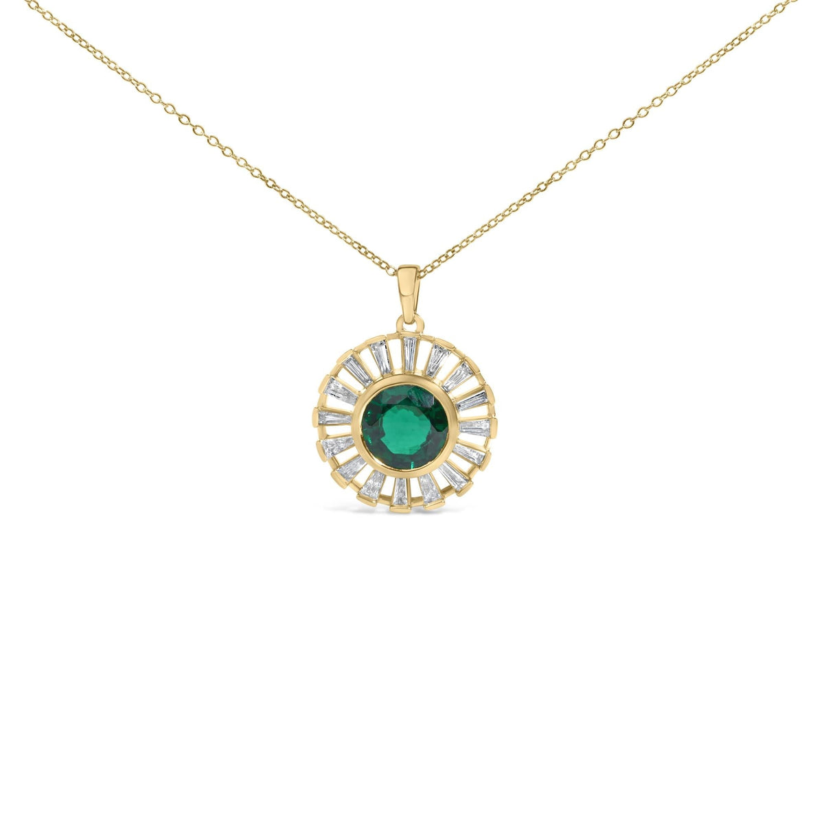 14K Yellow Gold Plated Sterling Silver Lab Grown Emerald and Baguette Diamond Sunburst Medallion Pendant Necklace