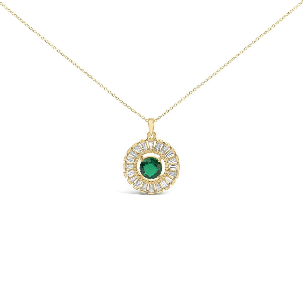 14K Yellow Gold Plated Silver Lab Grown Emerald and Diamond Sunburst Medallion Pendant Necklace