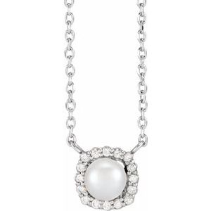 14K White Gold Cultured White Akoya Pearl .06 CTW Natural Diamond Halo-Style 18" Necklace