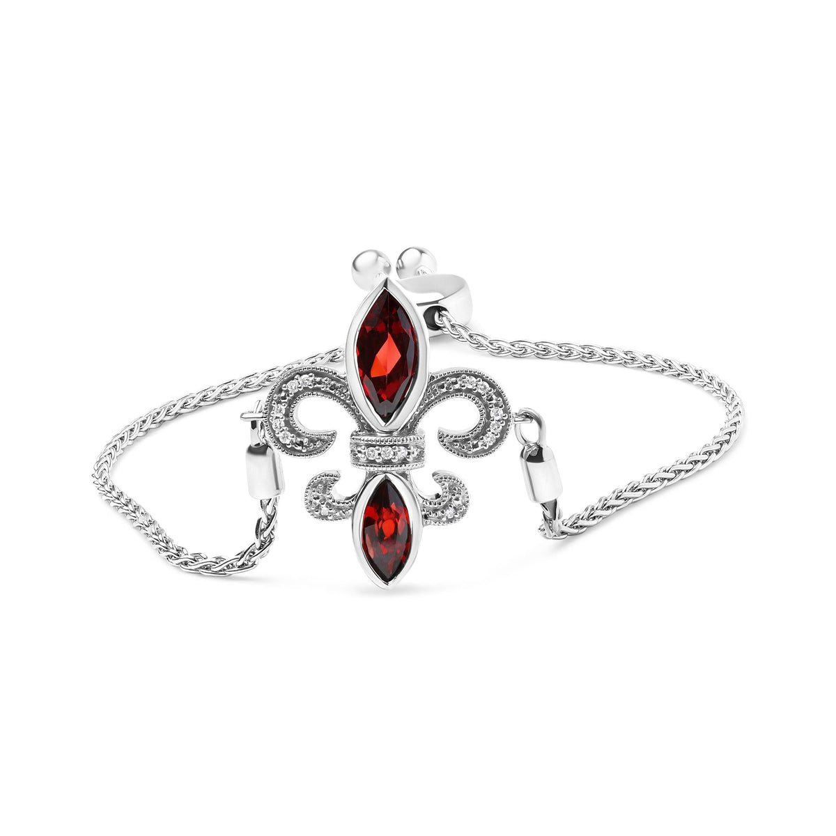 .925 Sterling Silver Marquise Garnet and Diamond Accent Lariat 4”-10” Fleur De Lis Adjustable Bolo Bracelet (H-I Color