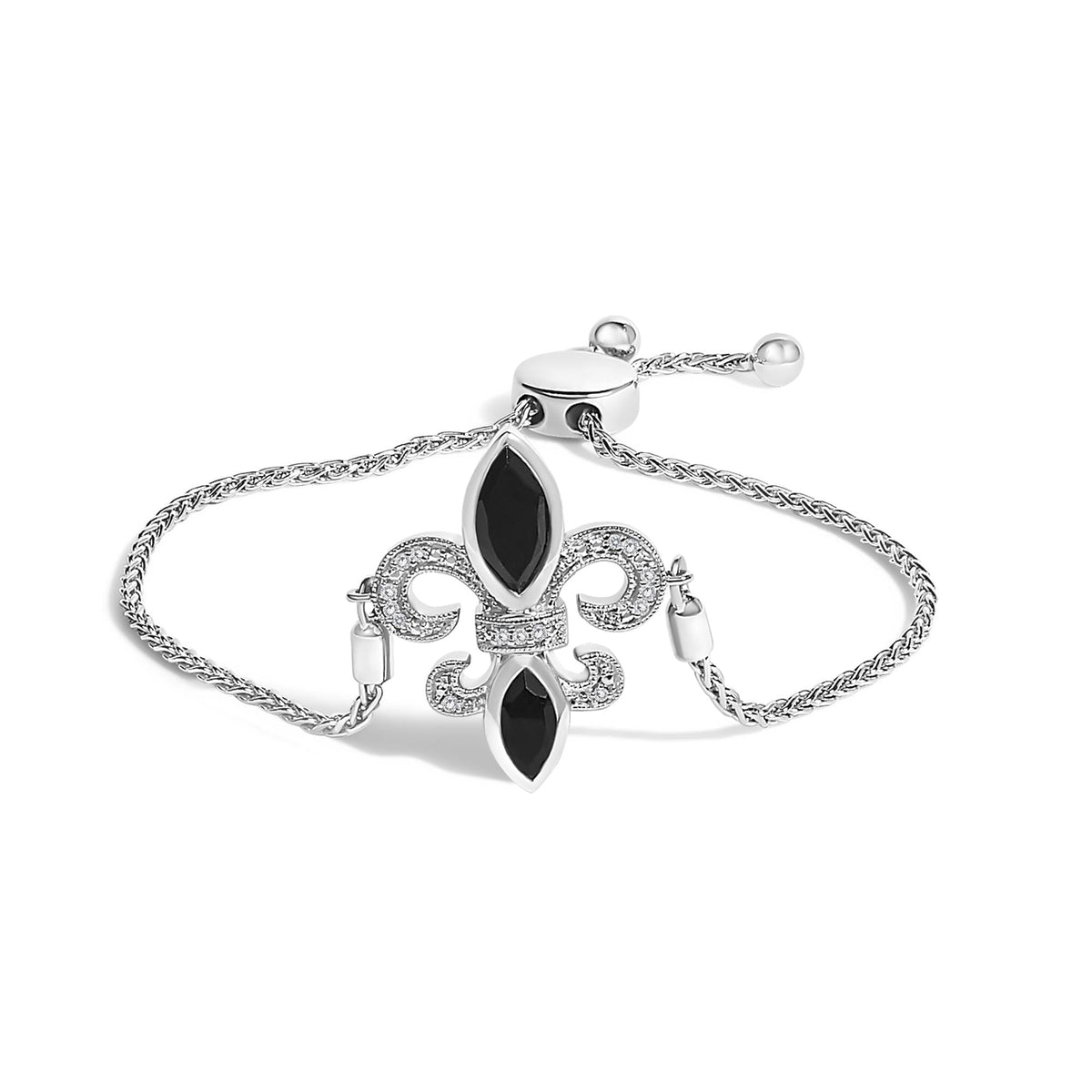 .925 Sterling Silver Marquise Black Onyx and Diamond Accent Lariat 4”-10” Fleur De Lis Adjustable Bolo Bracelet (I-J Color