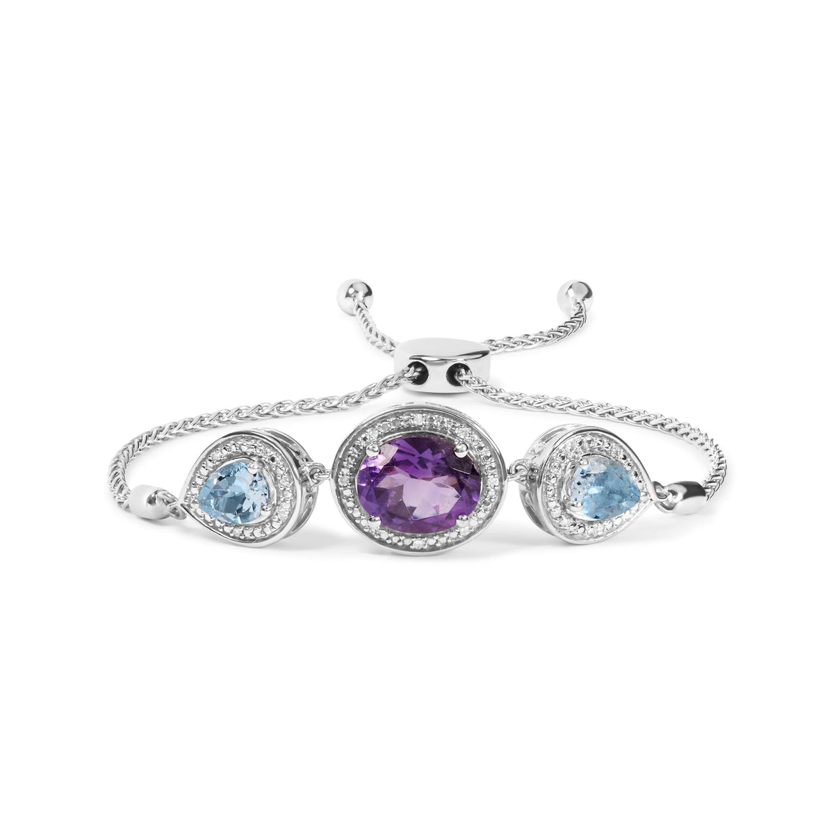 .925 Sterling Silver Oval Amethyst and Pear Blue Topaz with Diamond Accent Lariat 4”-10” Adjustable Bolo Bracelet (H-I Color