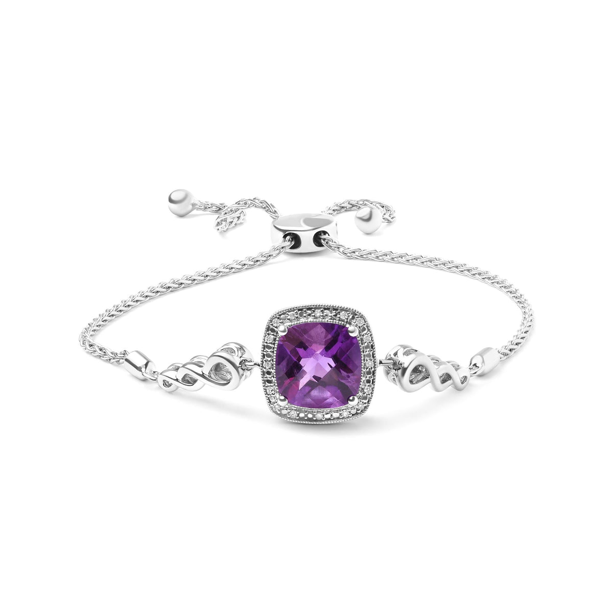 .925 Sterling Silver 10mm Cushion Cut Amethyst Gemstone and Diamond Accent Lariat 4”-10” Adjustable Bolo Bracelet (H-I Color