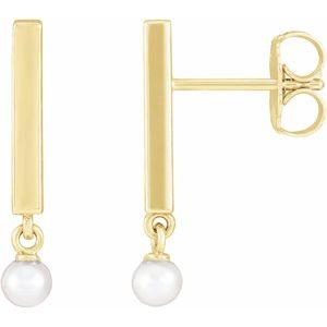 14K Yellow Gold Cultured White Seed Pearl Bar Earrings